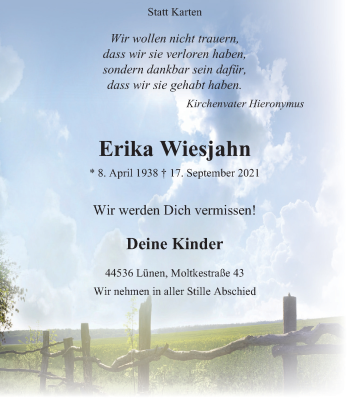 Traueranzeige von Erika Wiesjahn von WVW Anzeigenblätter