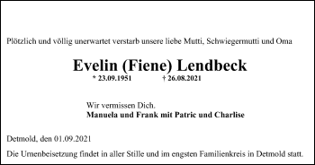 Traueranzeige von Evelin Lendbeck von WVW Anzeigenblätter