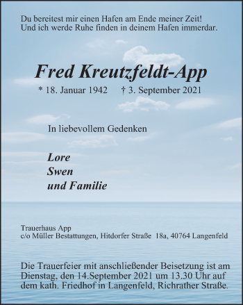 Traueranzeige von Fred Kreutzfeldt-App von WVW Anzeigenblätter