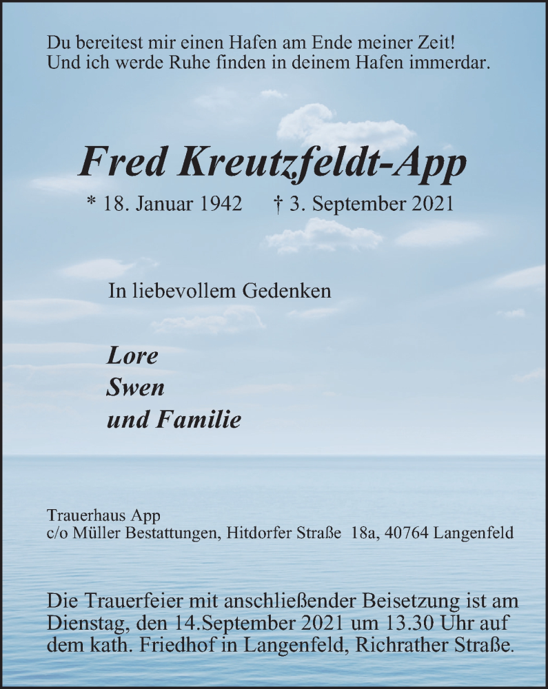  Traueranzeige für Fred Kreutzfeldt-App vom 11.09.2021 aus WVW Anzeigenblätter