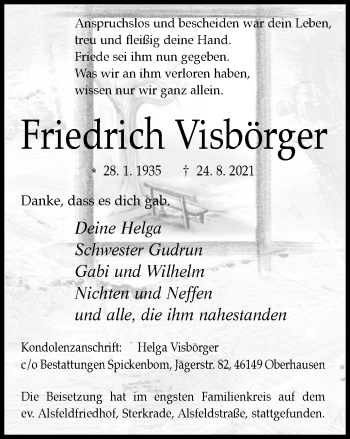 Traueranzeige von Friedrich Visbörger von WVW Anzeigenblätter