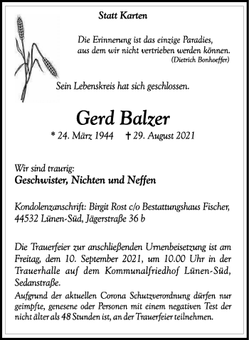 Traueranzeige von Gerd Balzer von WVW Anzeigenblätter