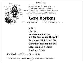 Traueranzeige von Gerd Borkens von WVW Anzeigenblätter