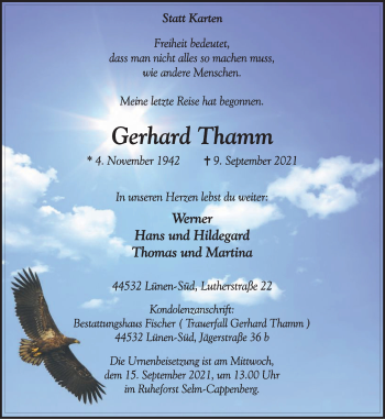 Traueranzeige von Gerhard Thamm von WVW Anzeigenblätter