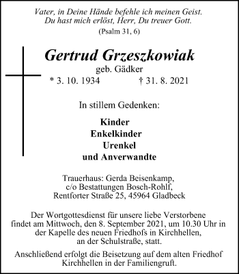 Traueranzeige von Gertrud Grzeszkowiak von WVW Anzeigenblätter