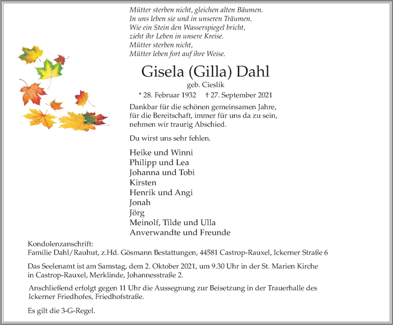  Traueranzeige für Gisela Dahl vom 29.09.2021 aus WVW Anzeigenblätter