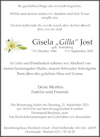 Traueranzeige von Gisela Jost von WVW Anzeigenblätter