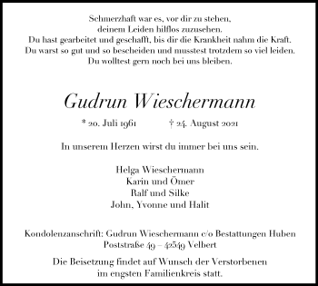 Traueranzeige von Gudrun Wieschermann von WVW Anzeigenblätter