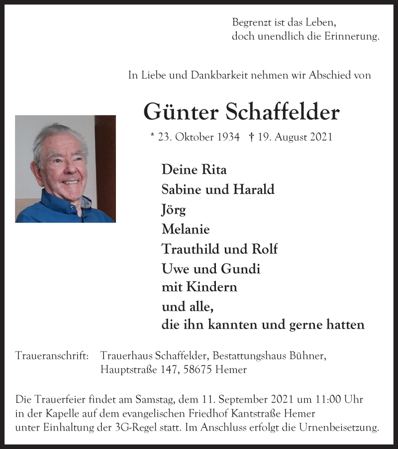  Traueranzeige für Günter Schaffelder vom 04.09.2021 aus WVW Anzeigenblätter