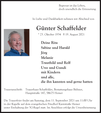 Traueranzeige von Günter Schaffelder von WVW Anzeigenblätter