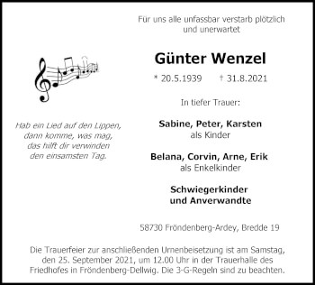 Traueranzeige von Günter Wenzel von WVW Anzeigenblätter
