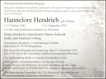 Traueranzeige von Hannelore Hendrich von WVW Anzeigenblätter
