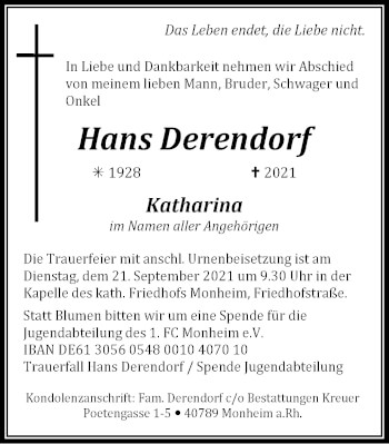 Traueranzeige von Hans Derendorf von WVW Anzeigenblätter
