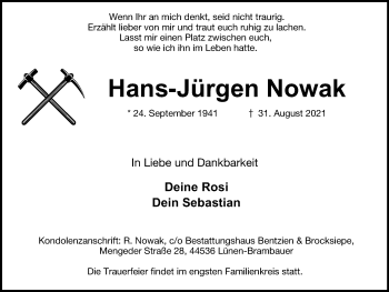 Traueranzeige von Hans-Jürgen Nowak von WVW Anzeigenblätter