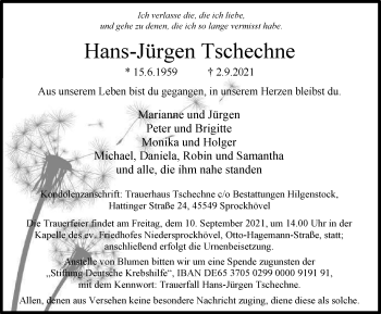 Traueranzeige von Hans-Jürgen Tschechne von WVW Anzeigenblätter