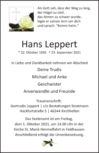 Traueranzeige von Hans Leppert von WVW Anzeigenblätter