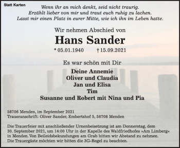 Traueranzeige von Hans Sander von WVW Anzeigenblätter