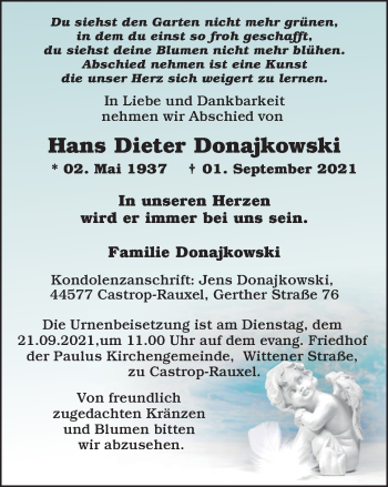 Traueranzeige von Hans Dieter Donajkowski von WVW Anzeigenblätter