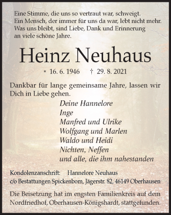 Traueranzeige von Heinz Neuhaus von WVW Anzeigenblätter