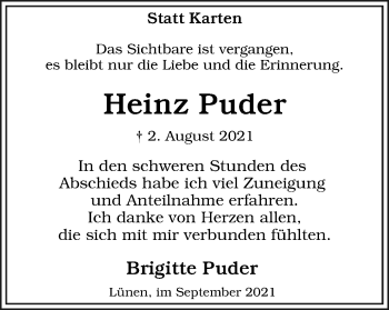 Traueranzeige von Heinz Puder von WVW Anzeigenblätter