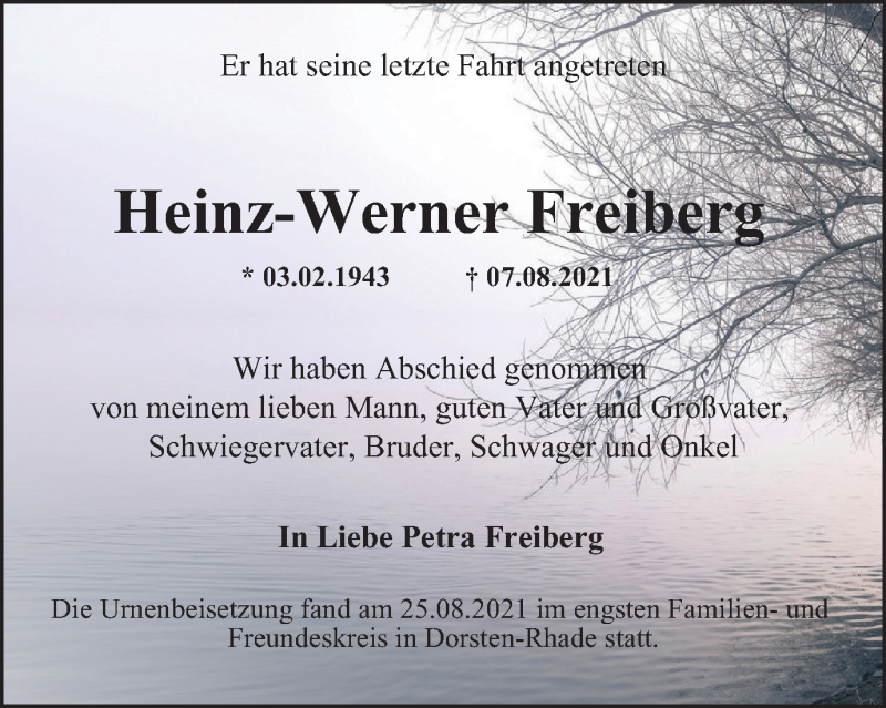  Traueranzeige für Heinz-Werner Freiberg vom 22.09.2021 aus WVW Anzeigenblätter