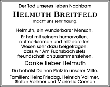 Traueranzeige von Helmuth Breitfeld von WVW Anzeigenblätter