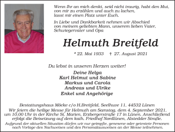 Traueranzeige von Helmuth Breitfeld von WVW Anzeigenblätter