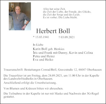 Traueranzeige von Herbert Boll von WVW Anzeigenblätter