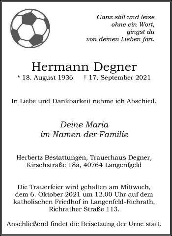 Traueranzeige von Hermann Degner von WVW Anzeigenblätter