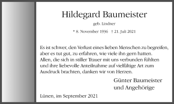 Traueranzeige von Hildegard Baumeister von WVW Anzeigenblätter