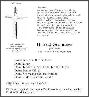 Traueranzeige von Hiltrud Grundner von WVW Anzeigenblätter