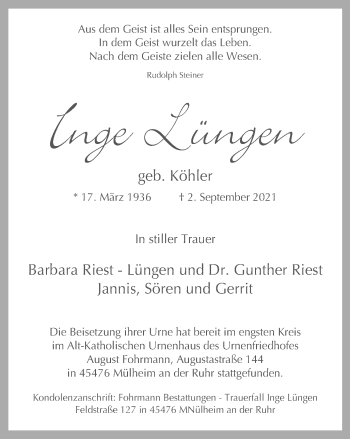 Traueranzeige von Inge Lüngen von WVW Anzeigenblätter