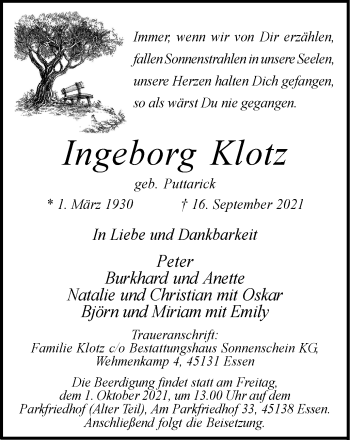 Traueranzeige von Ingeborg Klotz von WVW Anzeigenblätter