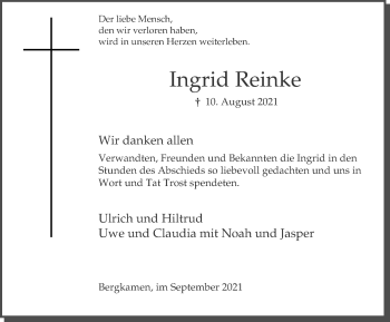 Traueranzeige von Ingrid Reinke von WVW Anzeigenblätter