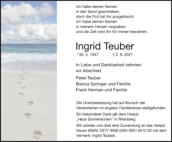 Traueranzeige von Ingrid Teuber von WVW Anzeigenblätter