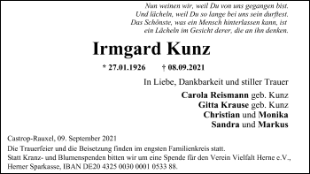 Traueranzeigen Von Irmgard Kunz Trauer In Nrw De