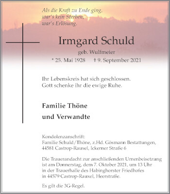 Traueranzeige von Irmgard Schuld von WVW Anzeigenblätter
