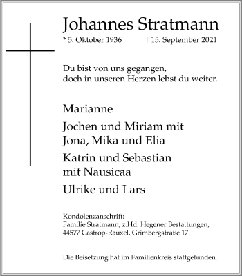 Traueranzeige von Johannes Stratmann von WVW Anzeigenblätter