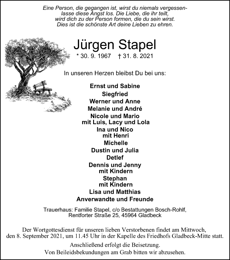  Traueranzeige für Jürgen Stapel vom 04.09.2021 aus WVW Anzeigenblätter