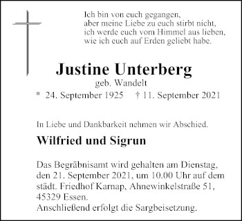Traueranzeige von Justine Unterberg von WVW Anzeigenblätter