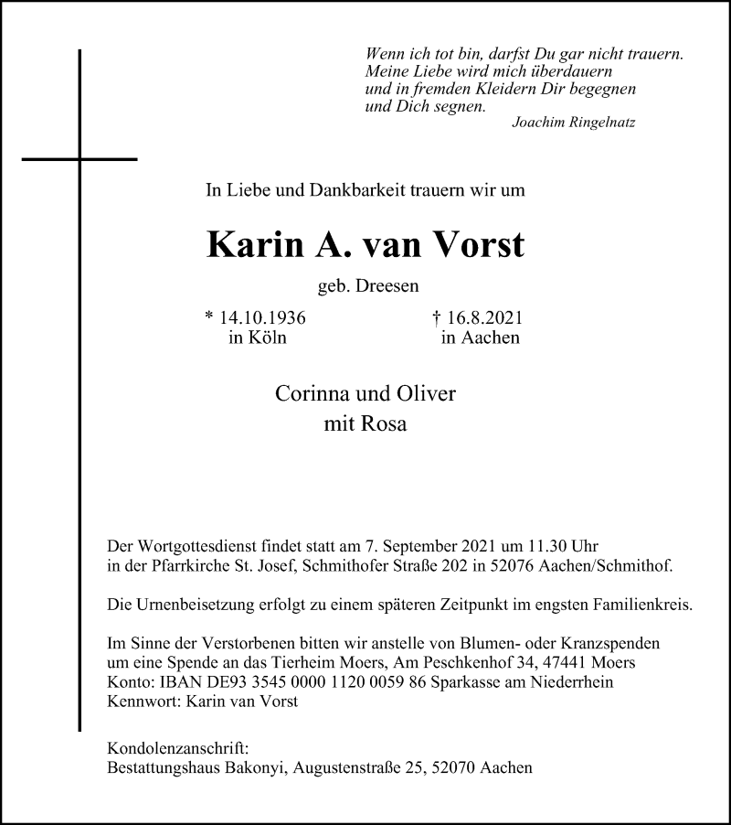  Traueranzeige für Karin A. van Vorst vom 04.09.2021 aus WVW Anzeigenblätter