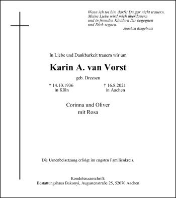 Traueranzeige von Karin A. van Vorst von WVW Anzeigenblätter