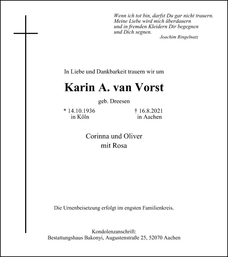  Traueranzeige für Karin A. van Vorst vom 08.09.2021 aus WVW Anzeigenblätter