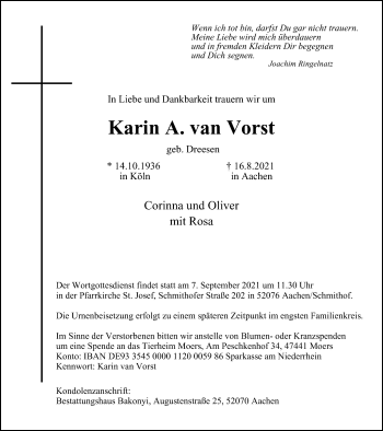 Traueranzeige von Karin A. van Vorst von WVW Anzeigenblätter