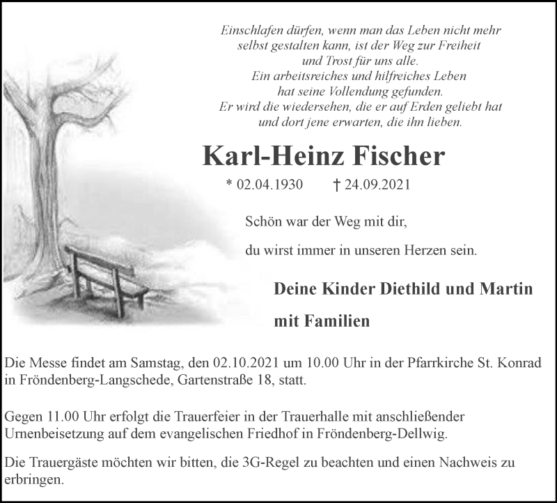 Traueranzeige für Karl-Heinz Fischer vom 29.09.2021 aus WVW Anzeigenblätter