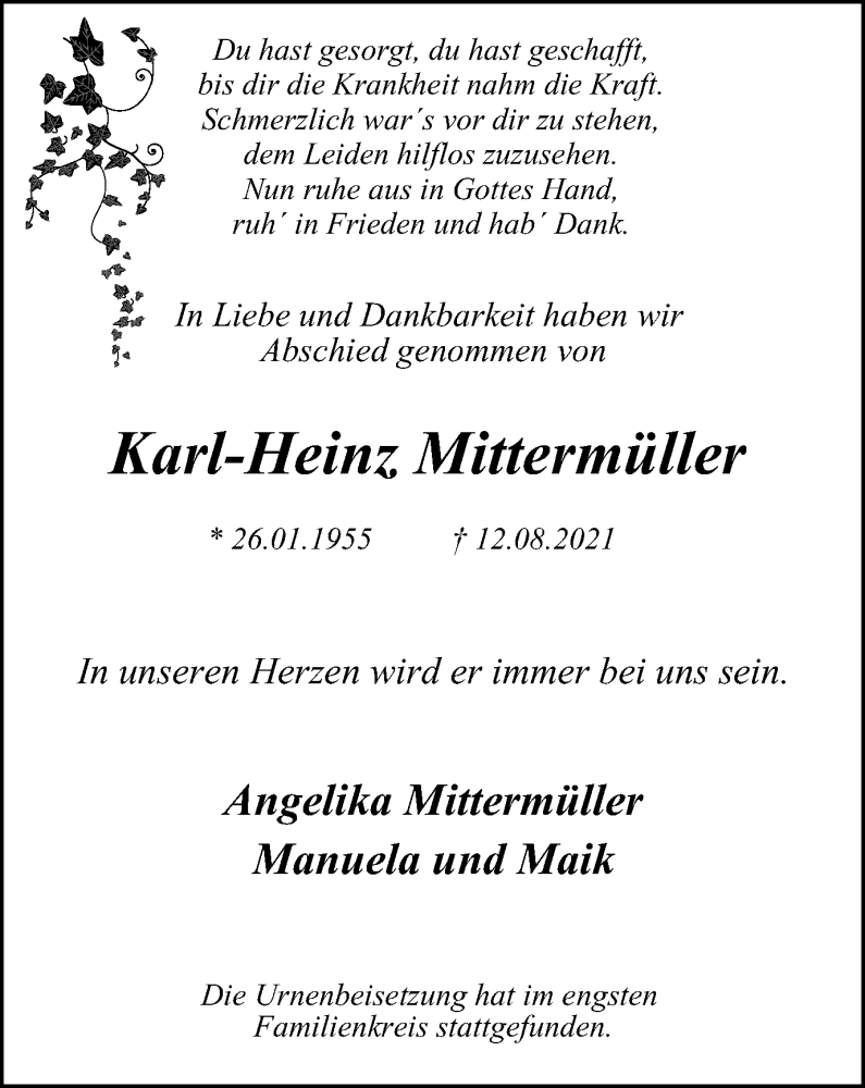 Traueranzeige für Karl-Heinz Mittermüller vom 04.09.2021 aus WVW Anzeigenblätter