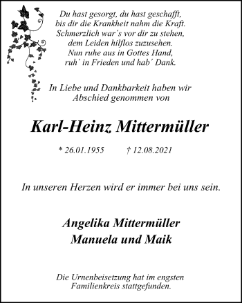 Traueranzeige von Karl-Heinz Mittermüller von WVW Anzeigenblätter