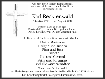 Traueranzeige von Karl Recktenwald von WVW Anzeigenblätter