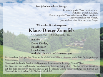 Traueranzeige von Klaus-Dieter Zenefels von WVW Anzeigenblätter