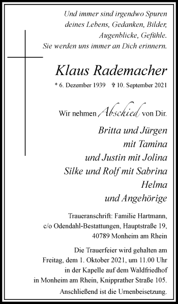 Traueranzeige von Klaus Rademacher von WVW Anzeigenblätter